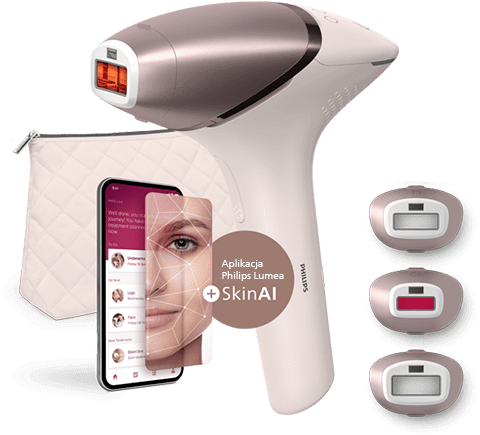 Zestaw sprzedażowy depilatora IPL Philips Lumea 9900 z dodatkowymi, wymiennymi nasadkami, aplikacją do depilacji na smartfona oraz etui do transportu.
